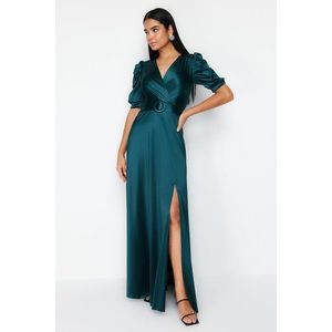 Trendyol Emerald Green Belt Detailed Knitted Long Evening Dress obraz
