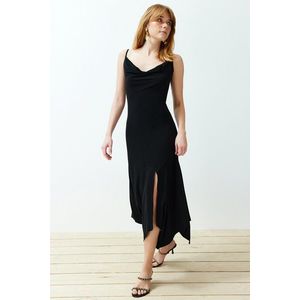 Trendyol Black Polka Dot Collar Strap Body-Shouldered Elastic Knitted Midi Dress obraz
