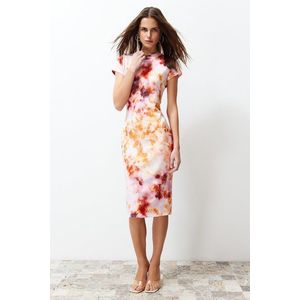 Trendyol Multi-Color Printed Fitted/Fitted Short Sleeve Stand Collar Stretchy Knitted Midi Dress obraz