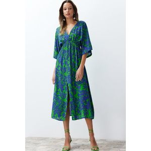 Trendyol Blue Floral Print A-line Double-breasted Collar Midi Woven Dress obraz