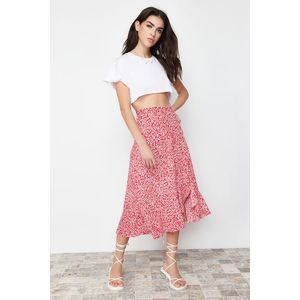 Trendyol Red Printed High Waist Flexible Skirt with Gather Detail and Flounce obraz
