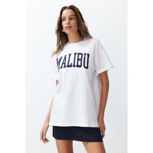 Trendyol White 100% Cotton City Slogan Printed Oversize/Relaxed Cut Knitted T-Shirt obraz