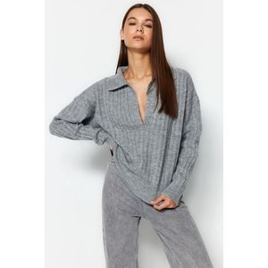 Trendyol Gray Soft Textured Polo Collar Knitwear Sweater obraz