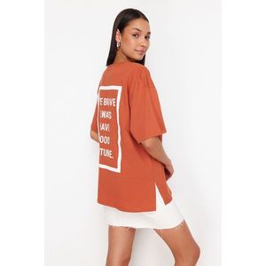 Trendyol Cinnamon Slogan Printed Oversize/Wide Pattern Knitted T-Shirt obraz