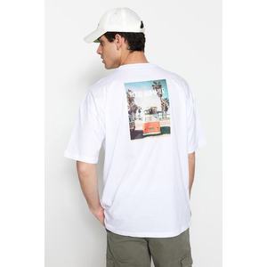 Trendyol White Oversize/Wide Cut Landscape Printed Short Sleeve 100% Cotton T-Shirt obraz