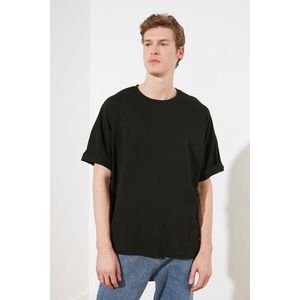 Trendyol Black Oversize/Wide Cut Text Printed Short Sleeve 100% Cotton T-Shirt obraz