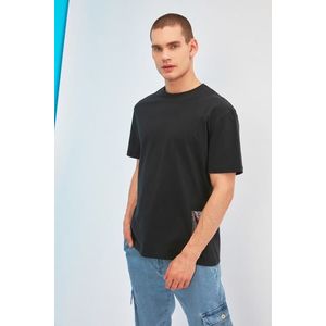Trendyol Black Relaxed/Casual-Fit Short Sleeve Text Printed 100% Cotton T-Shirt obraz