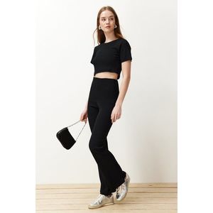 Trendyol Black Crop Crew Neck Ribbed Stretchy Knitted Blouse and Pants Top and Bottom Set obraz