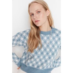 Trendyol Blue Crop Měkký texturovaný vzorovaný pletený svetr obraz