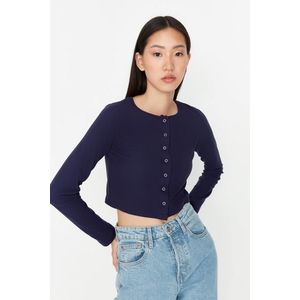 Trendyol Navy Blue Button Detailed Crop Crew Neck Ribbed Stretch Knitted Blouse obraz