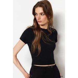 Trendyol Black Piping Detailed Crew Neck Crop Corduroy Stretch Knitted Blouse obraz