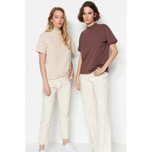 Trendyol Brown-Beige 2-Pack 100% Cotton Basic Stand Up Collar Knitted T-Shirt obraz