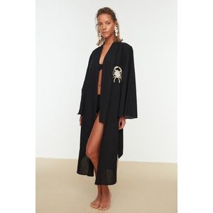 Trendyol černý midi kimono a kaftan s páskem, 100% bavlna, s tkanou výšivkou obraz