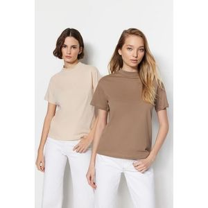 Trendyol Beige-Mink 2-Pack 100% Cotton Basic Stand Up Collar Knitted T-Shirt obraz