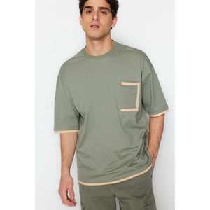 Trendyol Khaki Oversize Pocket Color Block 100% Cotton T-Shirt obraz
