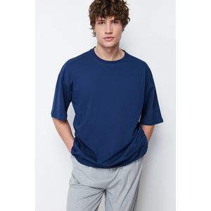 Trendyol Navy Blue Basic 100% Cotton Crew Neck Oversize/Wide-Fit T-Shirt obraz