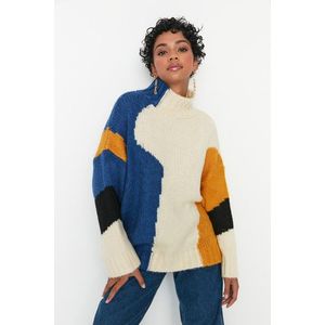 Trendyol Vícebarevný pletený svetr s měkkými texturami barevných bloků obraz
