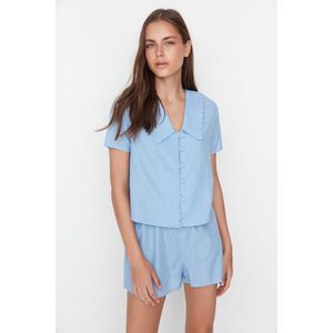 Trendyol Blue 100% Cotton Collar Detailed Shirt-Shorts Woven Pajamas Set obraz