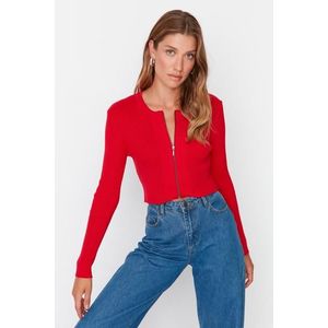 Trendyol Red Crop Zipper 100% bavlna Základní pletený svetr obraz