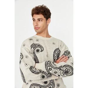 Trendyol Beige Oversize Paisley Patterned Crew Neck Knitwear Sweater obraz
