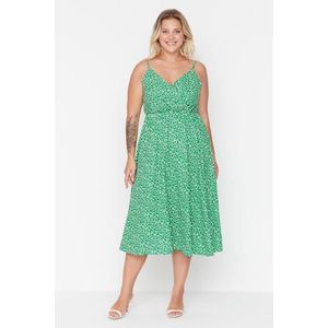 Trendyol Curve Zelené A-linie Dvouřadý límec Květinový vzor pletené šaty obraz