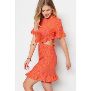Trendyol oranžové zvířecí vzorované volánková sukně Mini tkané šaty obraz