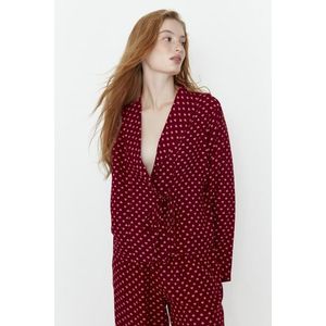 Trendyol Burgundy Heart Patterned Tie Detailed Shirt-Pants Woven Pajama Set obraz