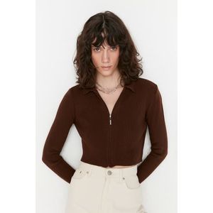 Trendyol hnědý zkrácený pletený svetr na zip obraz