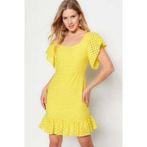 Trendyol žlutá sukně volánková tkaná brode zadní detail mini tkané šaty obraz