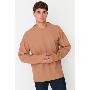 Trendyol Camel Oversize/Wide Cut Crew Neck Textured T-Shirt with Stitching Detail obraz