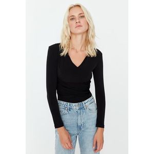 Trendyol Black Shirring Detailed V-Neck Flexible Knitted Body With Snap Button obraz