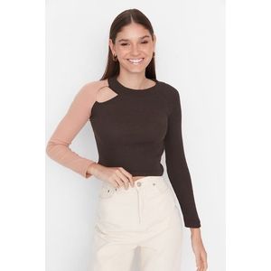 Trendyol Brown Color Block Cut Out Detailed Fitted/Skinned Ribbed Stretch Knit Blouse obraz