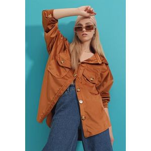 Trend Alaçatı Stili Women's Tan Velvet Cotton Double Pocket Oversized Jacket Shirt obraz