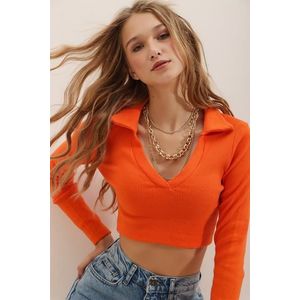 Trend Alaçatı Stili Women's Orange Polo Neck Corduroy Soft Textured Crop Blouse obraz