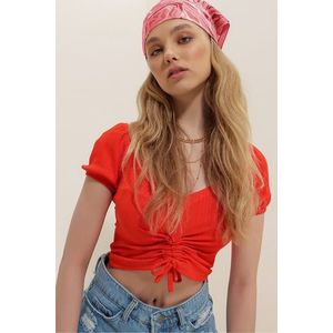 Trend Alaçatı Stili Women's Coral V-Neck Shirred Short Sleeve Crop Top obraz
