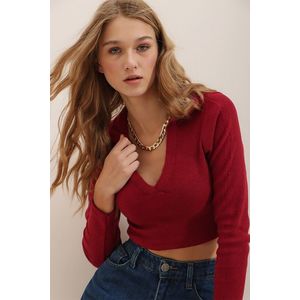 Trend Alaçatı Stili Women's Claret Red Polo Collar Corduroy Soft Textured Crop Top obraz