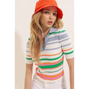 Trend Alaçatı Stili Women's Indigo Polo Collar Multicolored Striped Ribbed Sweater T-Shirt obraz