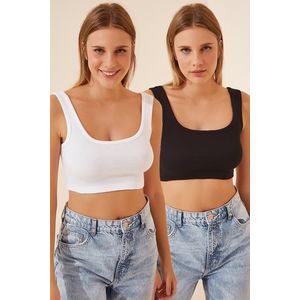 Happiness İstanbul Women's Black and White Strapless Crop Two-Pack Knitted Blouse obraz