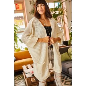 Olalook Women's Ecru Oversized Loose Knitwear Cardigan with Pockets with Fold Over Sleeves obraz