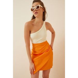 Happiness İstanbul Women's Orange Draped Knitted Mini Skirt obraz