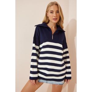 Happiness İstanbul Women's White Navy Blue Zipper Stand-Up Collar Striped Oversized Knitwear Sweater BV0009 obraz