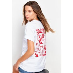 Trendyol White 100% Cotton Front and Back Printed Boyfriend Fit Crew Neck Knitted T-Shirt obraz
