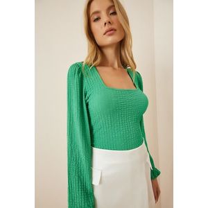 Happiness İstanbul Women's Green Square Collar Knitted Textured Blouse obraz