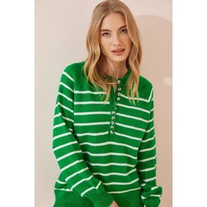 Happiness İstanbul Women's Vibrant Green Buttoned Collar Striped Knitwear Sweater obraz