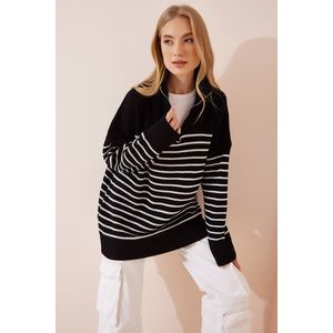 Happiness İstanbul Women's Black Zipper Stand-Up Collar Striped Long Oversized Sweater obraz