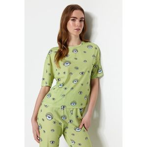 Trendyol Green Eye Patterned T-shirt-Pants Knitted Pajamas Set obraz