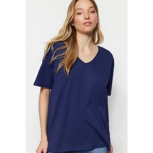 Trendyol Navy Blue 100% Cotton Oversize/Wide Fit V-Neck Knitted T-Shirt obraz