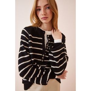 Happiness İstanbul Women's Black Buttoned Collar Striped Knitwear Sweater obraz