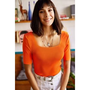 Olalook Women's Orange Square Collar Above Waist Knitwear Blouse obraz
