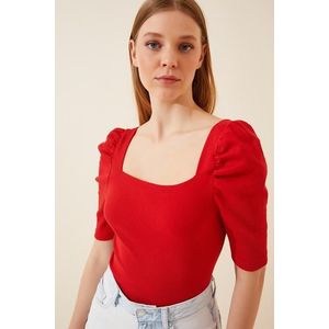 Happiness İstanbul Women's Red Square Collar Corduroy Crop Blouse obraz